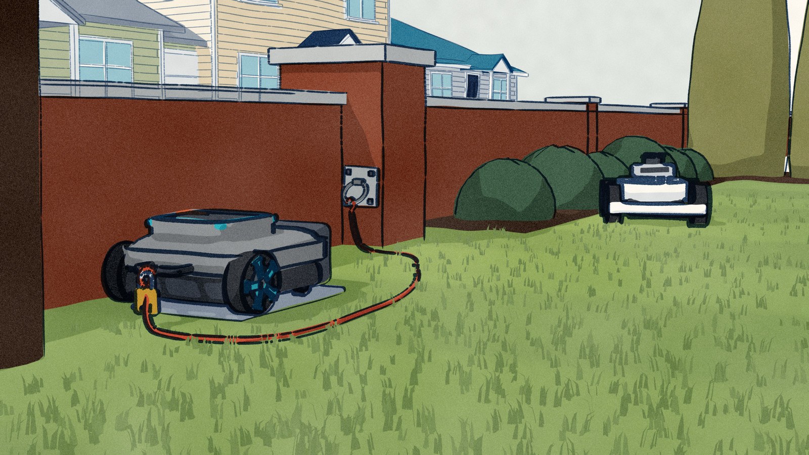 From the grass of a walled front garden: a grey Gardena Sileno minimo sits on its station along the foot of the low brick wall, a red cable lock running from its carry handle to a steel ring on a plate fixed to the pier of the wall, closed with a brass padlock, while a white Mammotion LUBA mini 2 mows the lawn further along.