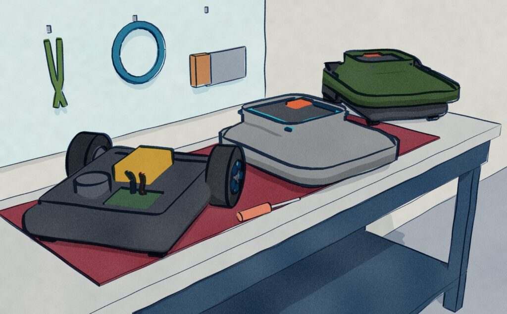 At a dealer's service bench, the Gardena Sileno Minimo sits with its grey shell lifted off beside it, its battery pack bared on the black chassis, while the green Robomow waits at the far end of the bench.