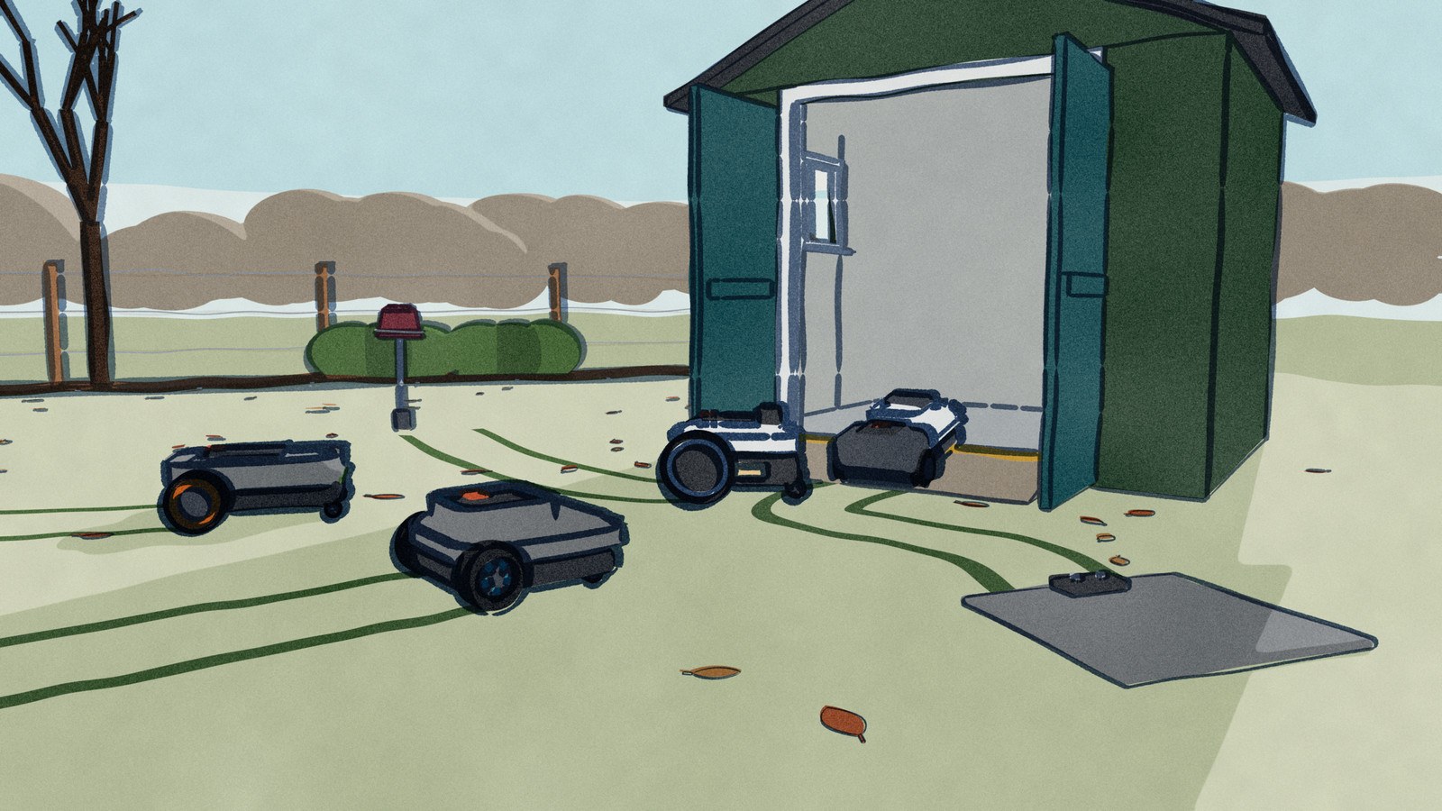 On a frosty morning four robot mowers drive across a white lawn toward the open doors of a garden shed, leaving dark tracks in the frost, while a bare charging baseplate and a covered antenna pole stay out on the lawn.