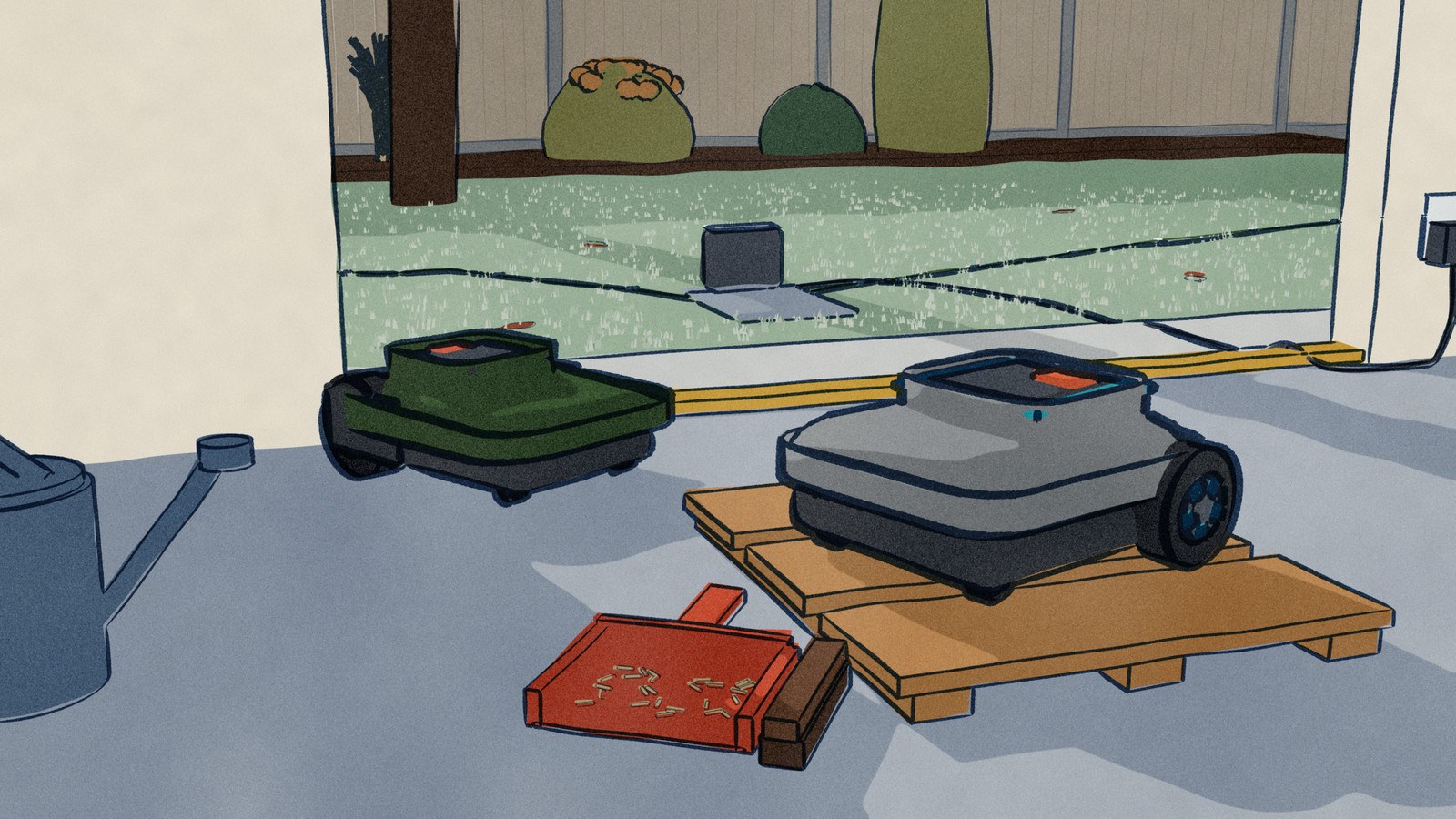 From the floor of a garage on a frosty morning: the grey Gardena Sileno Minimo sits dry on a pallet board and the green Robomow by the wall, while out past the brass threshold the Gardena's charging station stays on the white lawn, still plugged in, its boundary wire pegged in the frost.