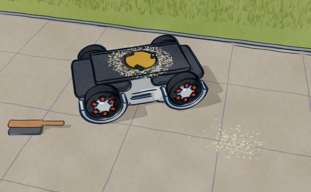 On the patio at the lawn's edge the Husqvarna Automower 435X AWD lies upside down, wheels in the air, showing its blade disc and three small pivoting razor blades with fine clippings caked round them, a hand brush beside it.