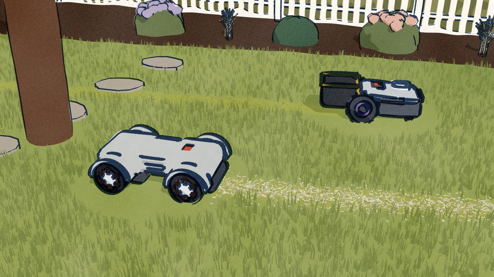 Two robot mowers cut fresh lanes across a long late-summer back lawn: the Husqvarna Automower 435X AWD leaves fine clippings sifted into its lane, and the ANTHBOT N8 leaves a clean lane, its clippings in the black bag on its back.