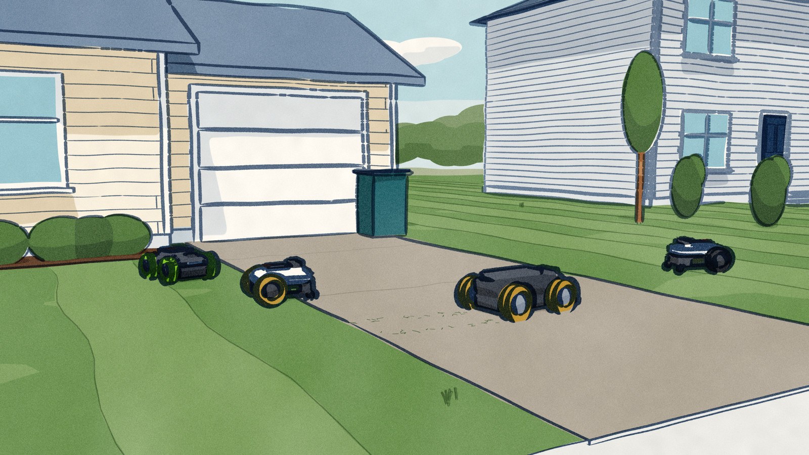 Four robot mowers in a front yard split by a driveway: one drives across the concrete between the two lawns, a second noses onto it behind, and two more cut the lawns on either side.