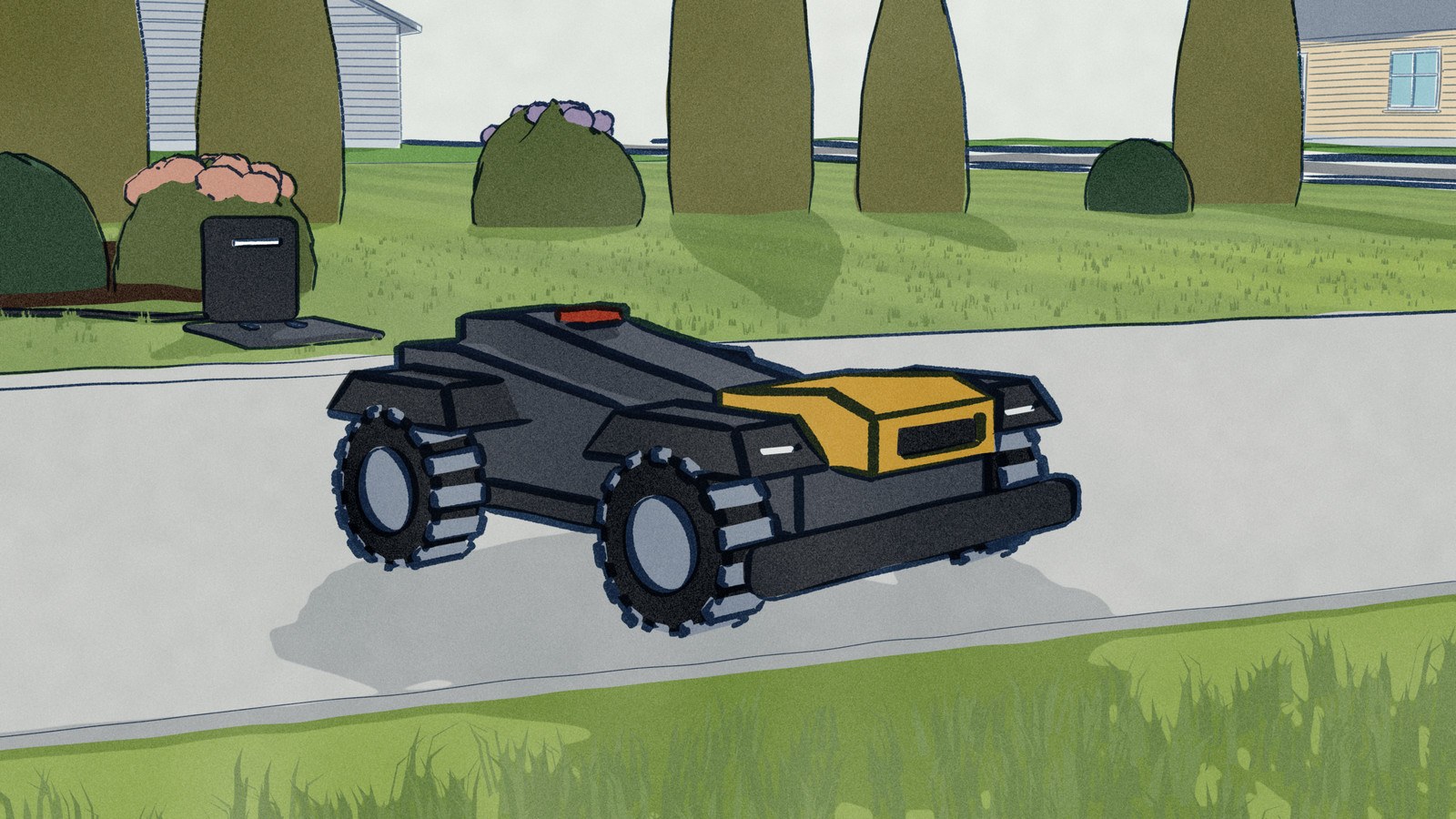 The Navimow X4 rolls off a freshly striped front lawn onto the concrete driveway, crossing by itself toward the unmown lawn on the near side.