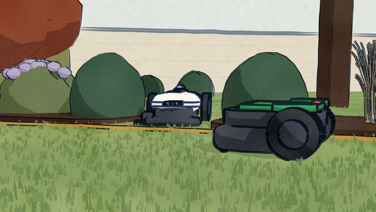 A back lawn cut in two by a planted border: the white Goat mower drives through a 3 ft neck of lawn in the border, while the green RS630 mows the near lawn inside a gold perimeter wire that runs straight across the neck.