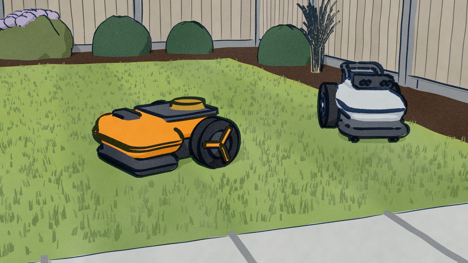 On a small fenced back lawn seen from the patio, the orange Worx Landroid Vision Cloud cuts a stripe with its round satellite receiver on its back, while the grey camera-only TerraMow V1000 mows the far side by the bed.