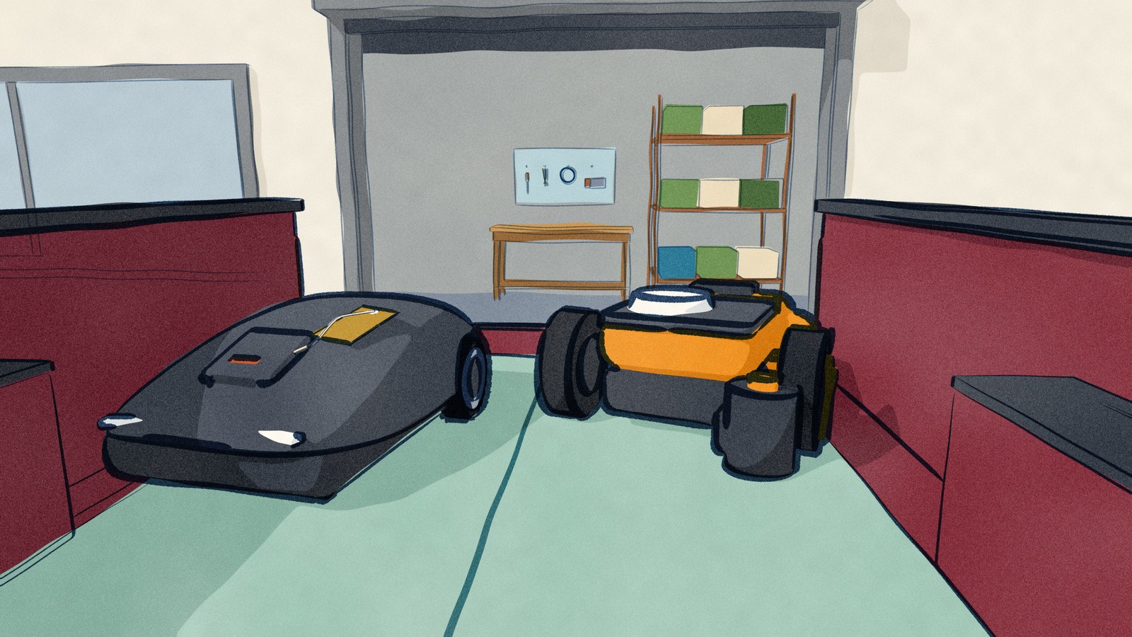 Seen over a pickup's cab, a charcoal Husqvarna Automower 410 iQ, a service tag tied to it, and an orange Worx Landroid Vision ride on a seafoam moving pad in the bed, the tailgate down at a mower dealer's open service door.
