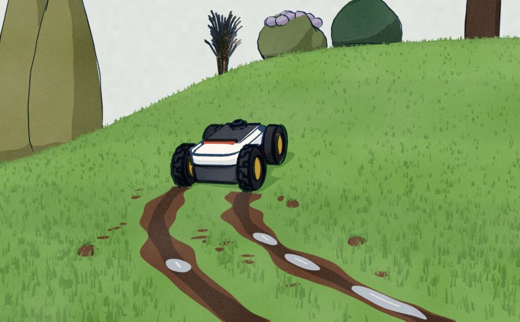 On the grass bank at the side of the same garden, the Dreame A3 AWD Pro climbs away up the wet slope at the top of two muddy, water-filled ruts its wheels have cut.