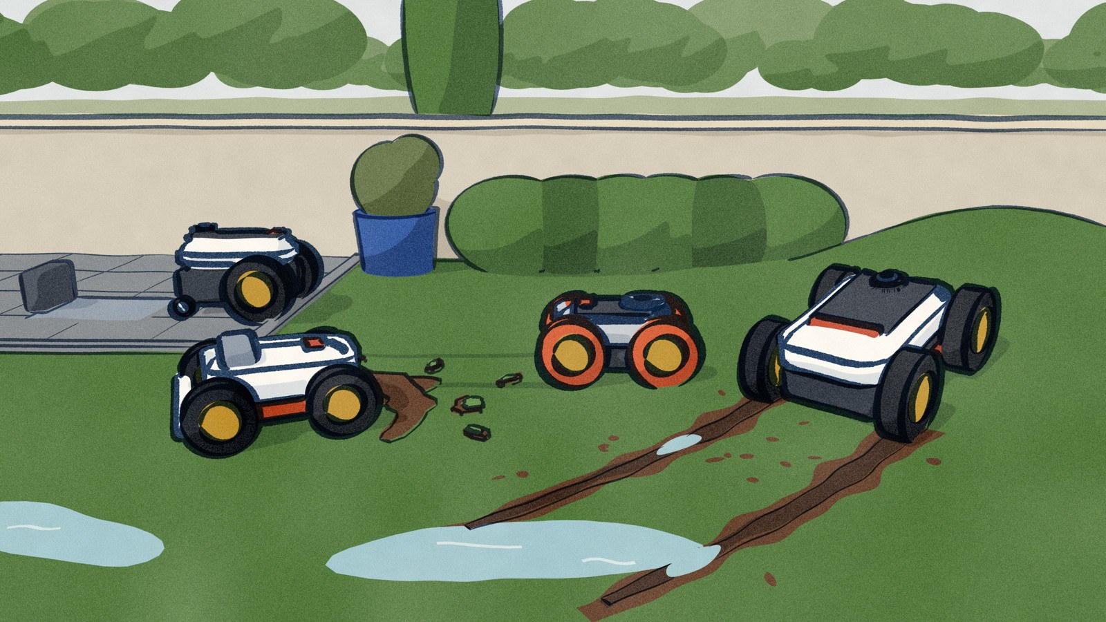 Four robot mowers on a soaked back lawn after rain: one has torn a crescent of turf on a sharp turn, one climbs a soft rise with muddy ruts behind it, one rolls through leaving only pressed tracks, and one heads back to its charging station by the wall.