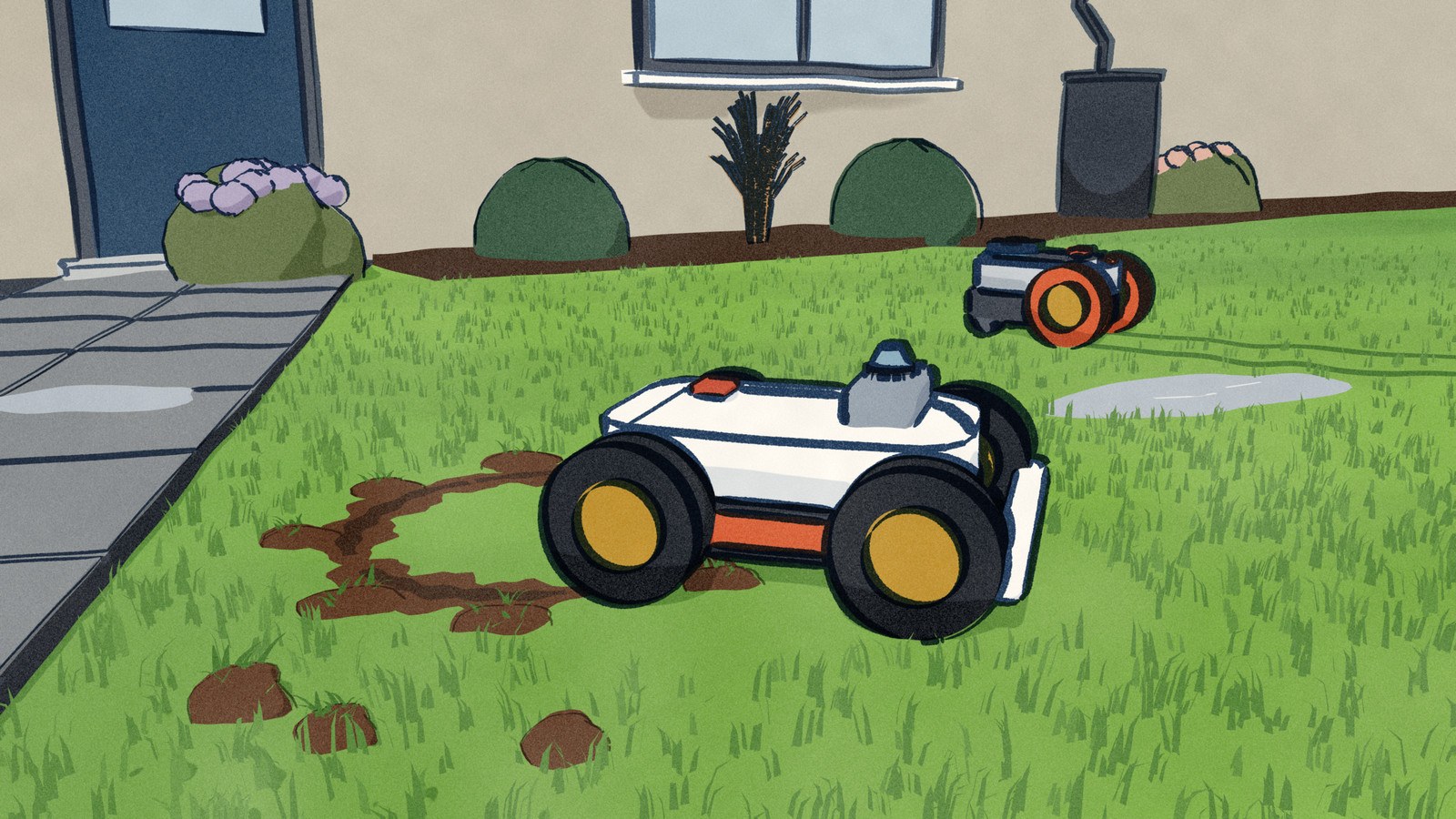 Knee-low on a soaked lawn beside a wet patio, the Mammotion LUBA 3 AWD finishes a pivot that has torn arcs of thin wet turf, while the Segway Navimow i2 AWD crosses behind it leaving only pressed lanes.