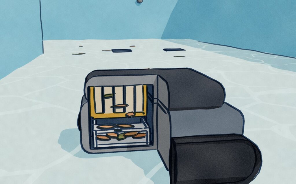 Under the water on the deep floor of a pool, the grey robot is drawn with a quarter of its shell cut away: inside stands its filter, and below it a closed compartment holds the leaves knocked off the filter.