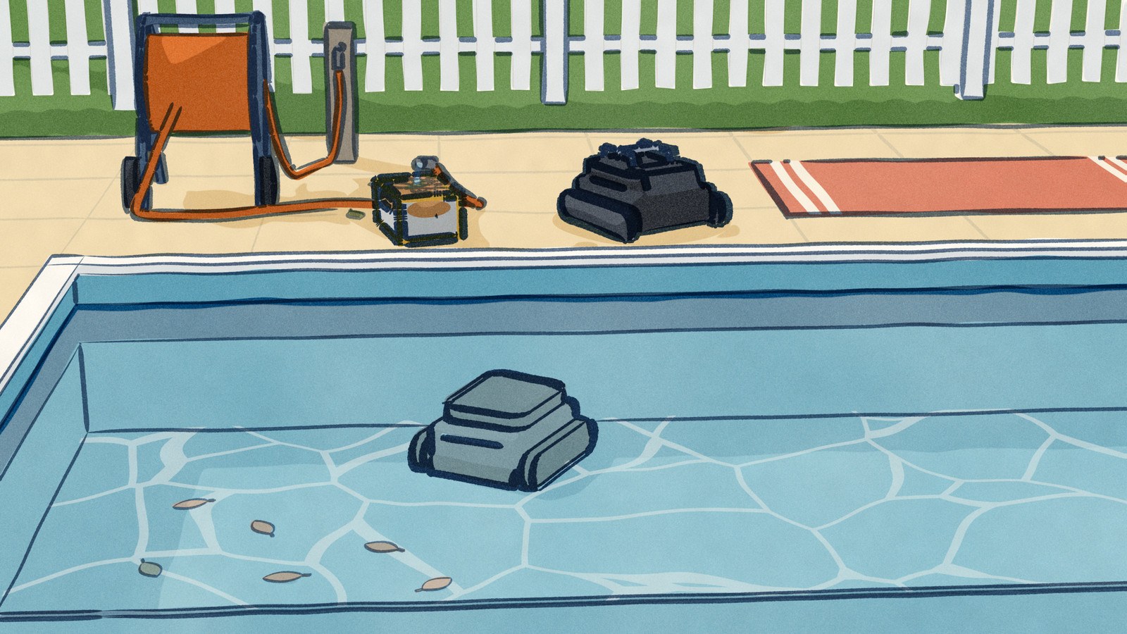At the shallow end of a backyard pool, a grey robot pool cleaner keeps working under the water on the sun ledge while a black one sits out on the deck, its filter basket pulled out and rinsing under a garden hose.