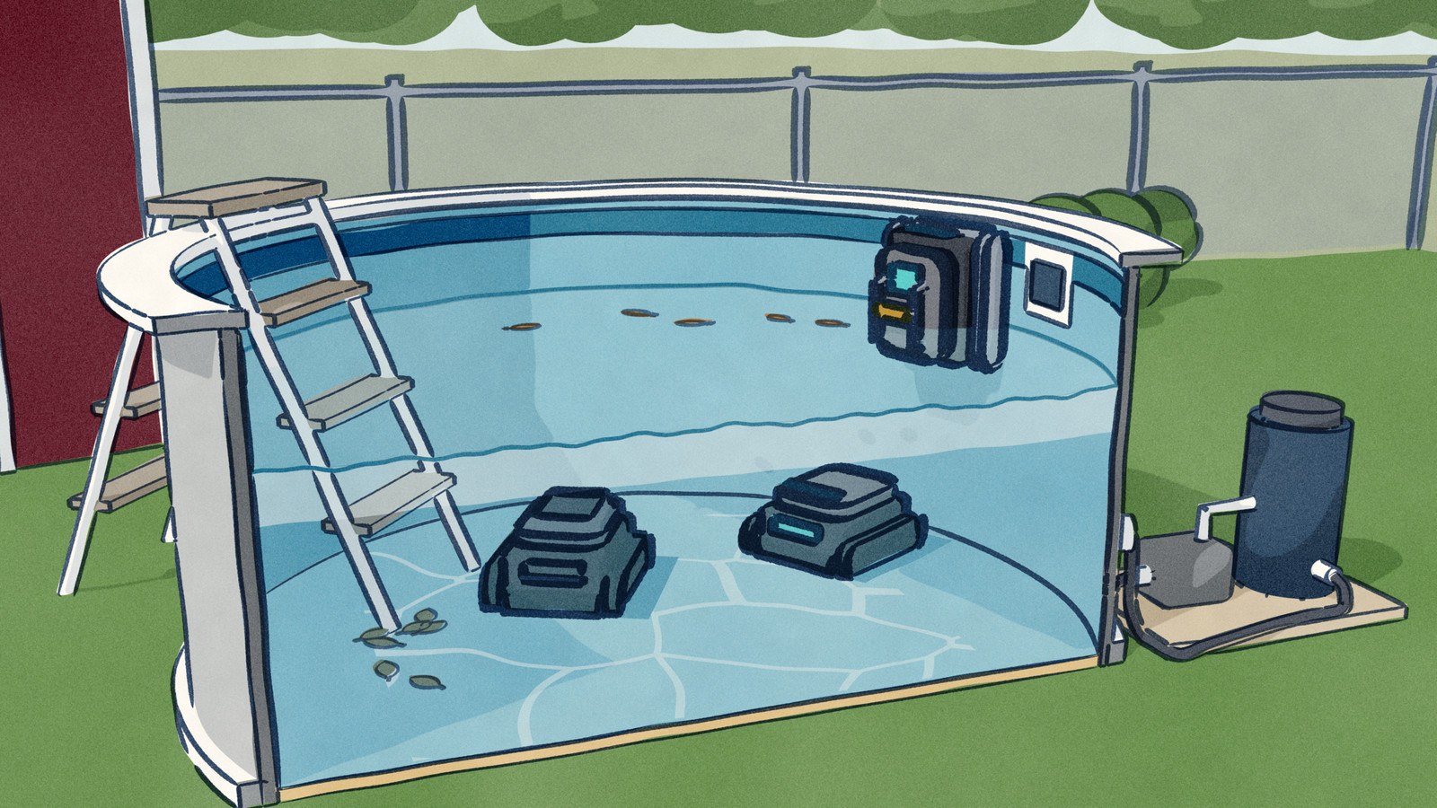 A small round above-ground pool on a lawn, cut open at the front: one pool robot has surfaced at the waterline under the top rail with its handle up, and two more work the floor.
