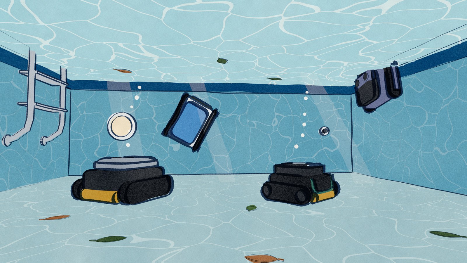 Inside a backyard pool, seen from under the water: four different cordless pool robots clean it at once, two crossing the floor, one climbing the far wall and one scrubbing the side wall at the waterline.