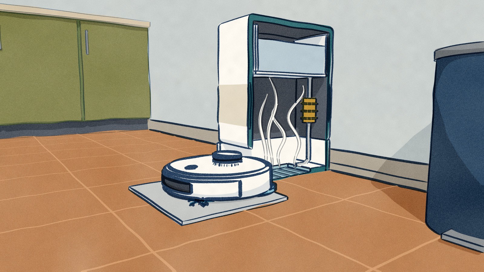 The Dreame X50 Ultra's white dock cut open down its middle: water runs from its tank through a gold heater into a steaming wash tray as the robot reverses out with washed pads.