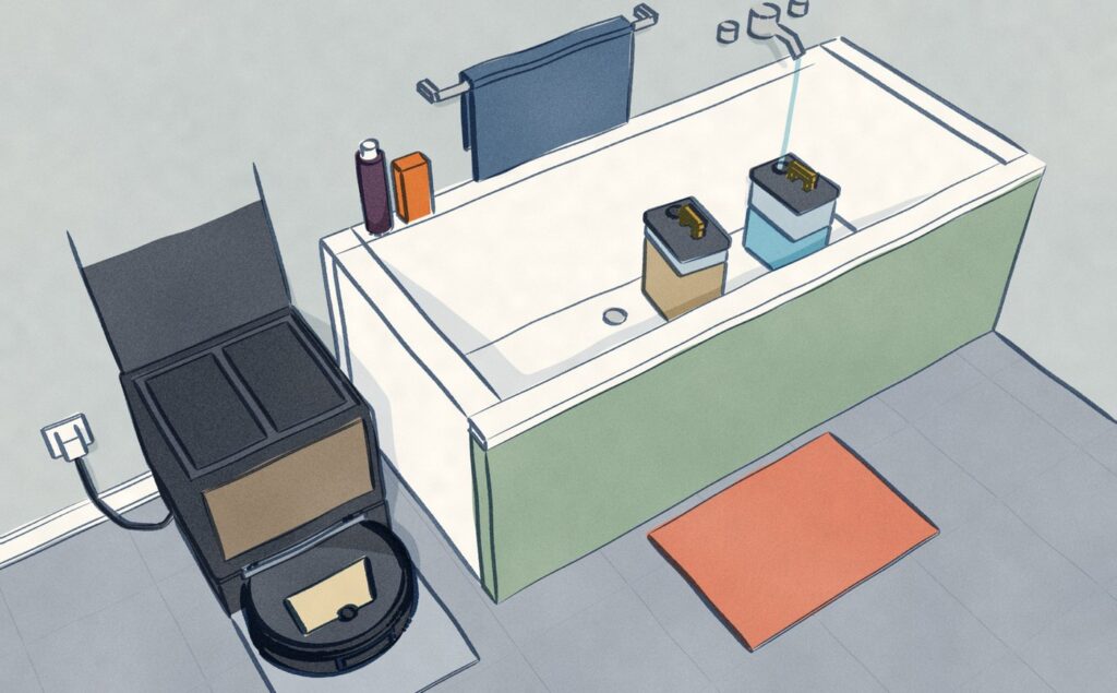 In the bathroom a Roomba Max 775 Combo sits docked with its dock's lid up and both tank wells empty, while its clean tank fills under the bath tap and its dirty tank stands open beside the drain.