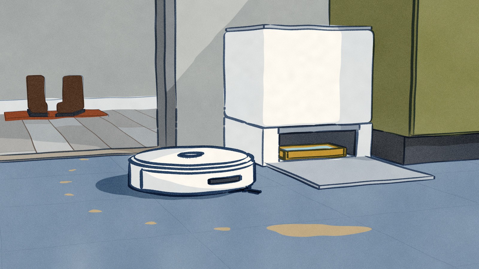 Seen from the kitchen floor, a white Narwal Freo 20 rolls out of its dock in the gap at the end of the cabinets toward a dried drip trail on the tiles, the gold wash tray in its empty bay still holding the wash water.