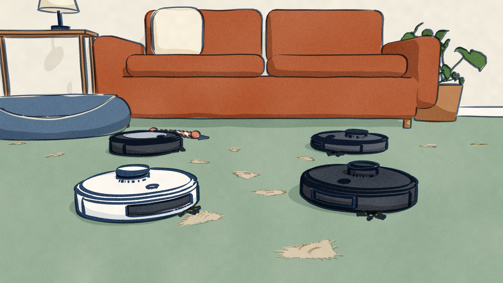 Four robot vacuums work the carpet of a living room where a dog lives, each heading into the tufts of shed cream coat that trail across the pile from the dog bed by the sofa.