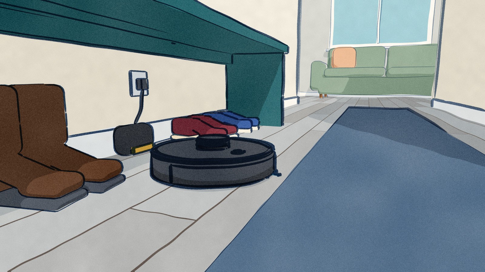 Looking down a small flat's hall from the floor by the front door: a black Roborock Q7 L5 lines up to reverse onto its charging base, a black block smaller than a boot standing in the line of shoes under the hall bench, with the flat's one room open at the end of the hall.
