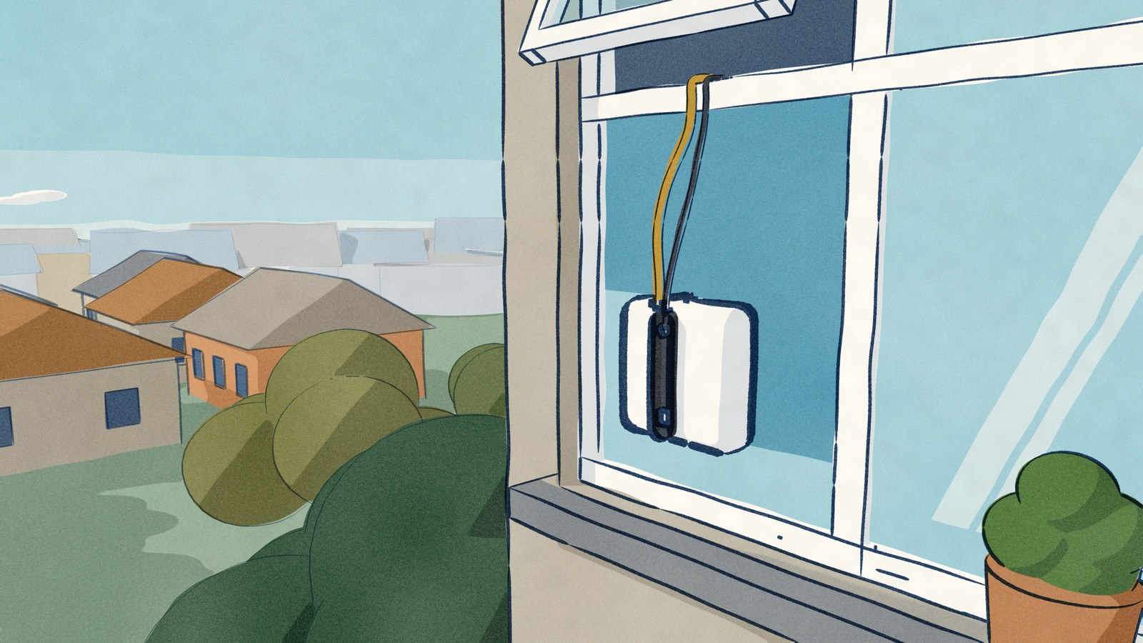 Out in the air beside a third-floor window: a square white window-cleaning robot works the outside of the glass, held by a gold safety rope that rises into the open vent above it, with street trees and roofs below the sill.