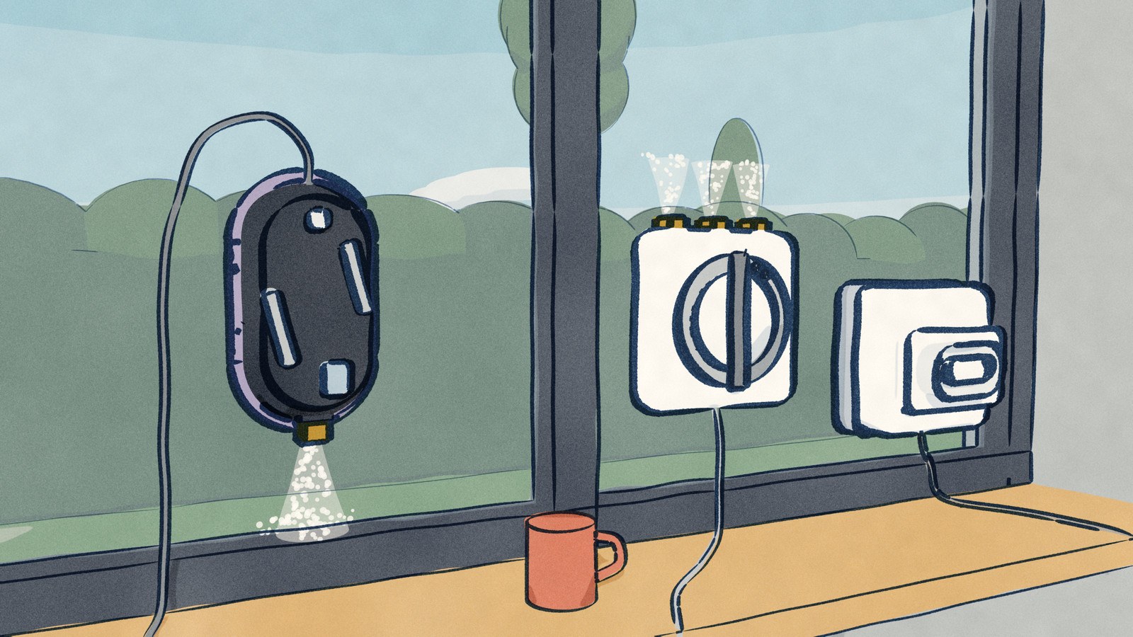 Seen from the end of an oak window board, a black HOBOT 388 works down one pane of a tall window in a cone of ultrasonic mist while a white Winbot W2 Pro Omni climbs the next, throwing three short fans of spray, and a white Mamibot W120-T works the same pane beside it.