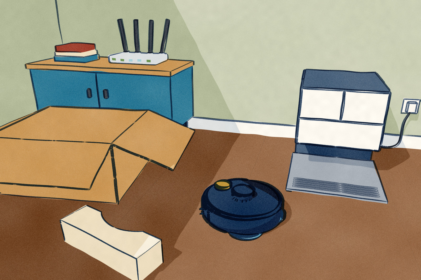 A dark robot vacuum sits on a living-room floor just out of its opened delivery box, a foam packing end-cap on the floor, in front of its new wash station plugged in against the wall. The pairing button on its lid is picked out, and the home router stands on a sideboard nearby.