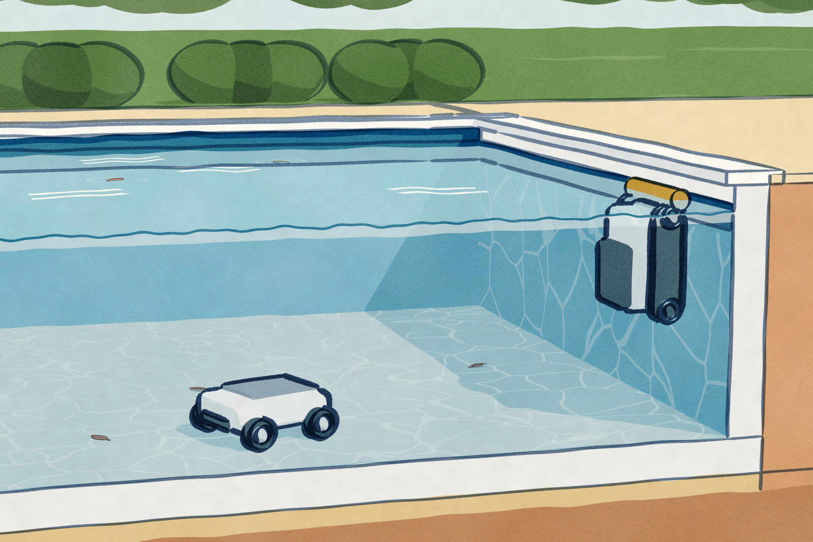 A backyard pool cut open in section: one pool robot on four wheels works the floor deep under the water, while a second, on tracks, has climbed the side wall until its brush reaches the waterline. Labels name the underwater cleaner, the waterline climber and the waterline.