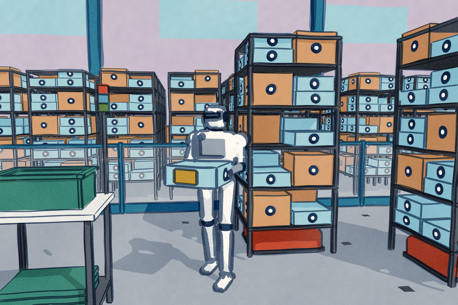 In a warehouse, a low red warehouse hauler has carried a tall shelf pod packed with boxed robot vacuums to a pick station, where one white humanoid robot holds a carton it has just taken from the pod, a shipping label on its side. Behind a low barrier stand rows more pods of robot vacuum cartons.
