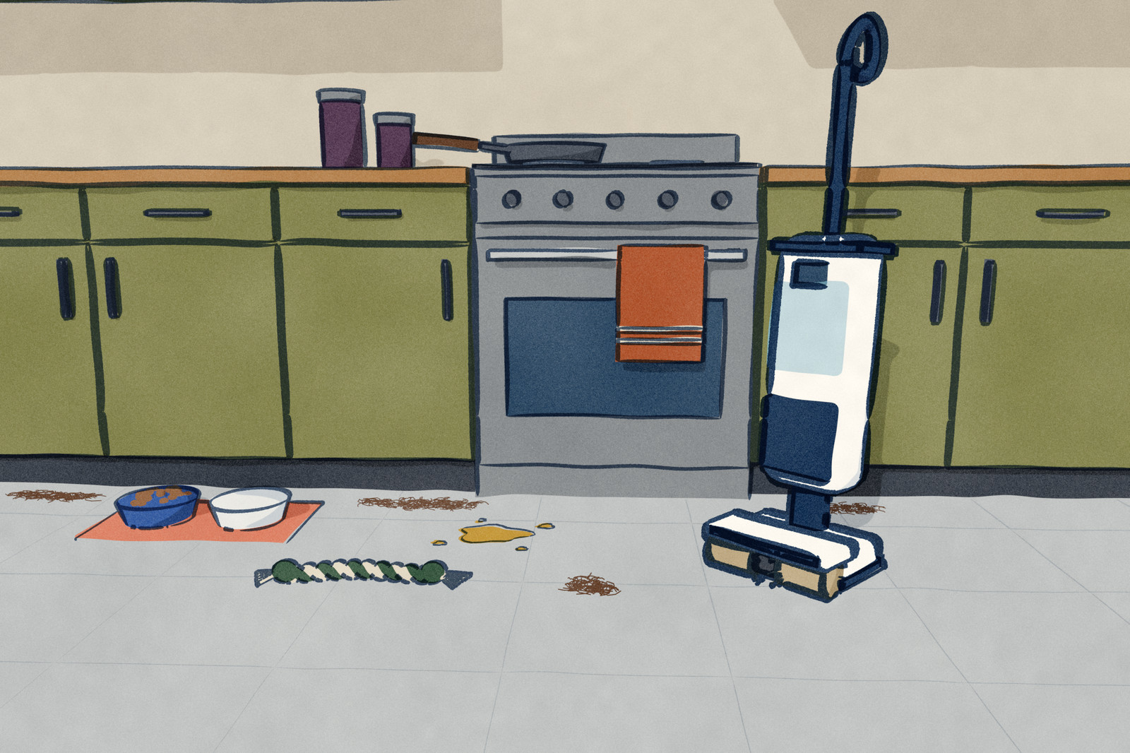 A home kitchen: an upright steam floor washer stands parked on grey tiles in front of the range, its roller pad grimy and worn down to the core in one band. Cooking oil has spattered the floor under the frying pan, and a dog's shed hair has drifted along the cabinet toe kick by its bowls.