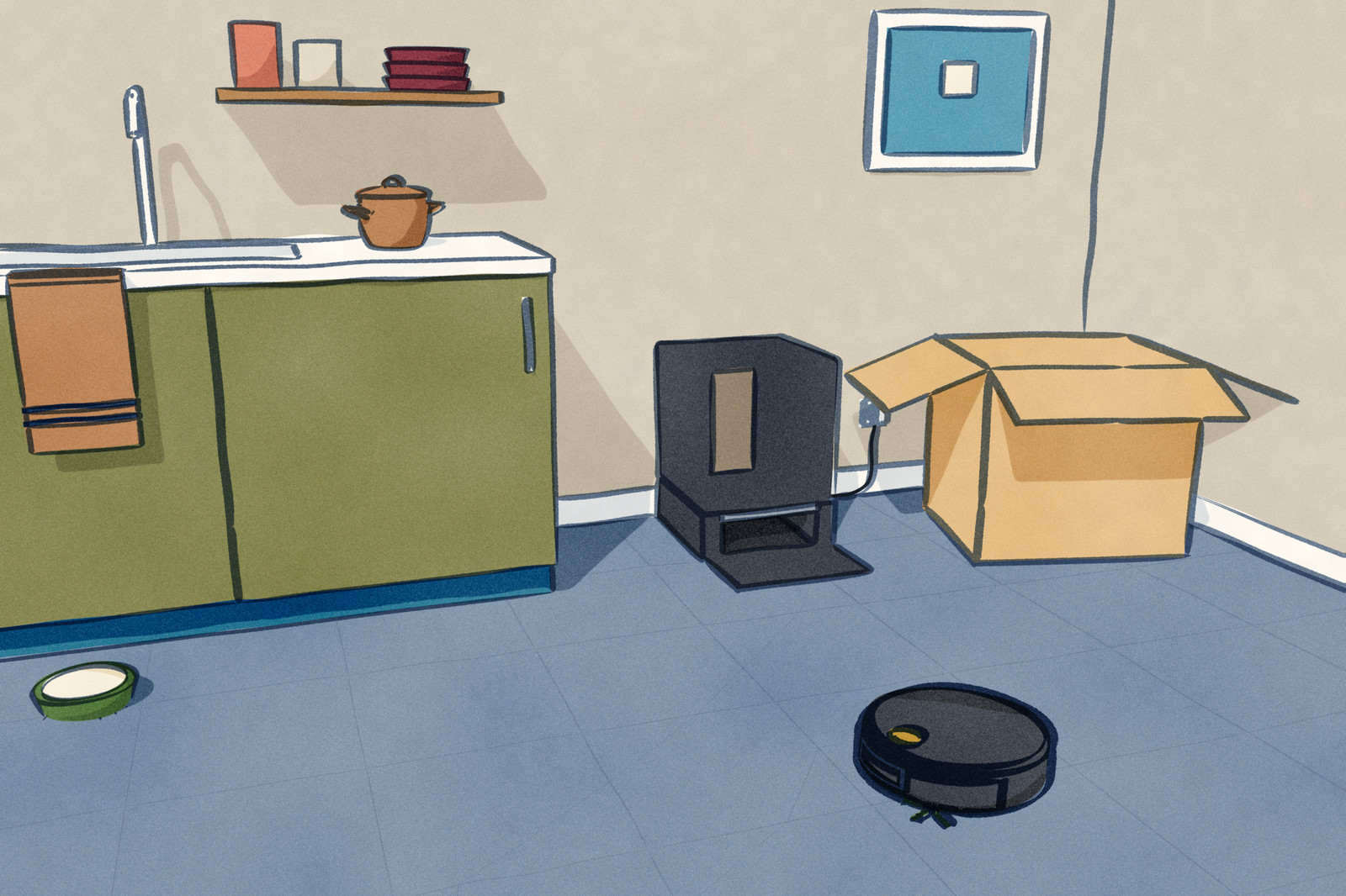 In a kitchen with a blue-grey tile floor, the black Roomba Max 875 Combo is out on the floor, its tall dock against the wall behind it. Its shipping box stands open and empty in the corner beside the dock, and the button on the Roomba's lid is picked out.