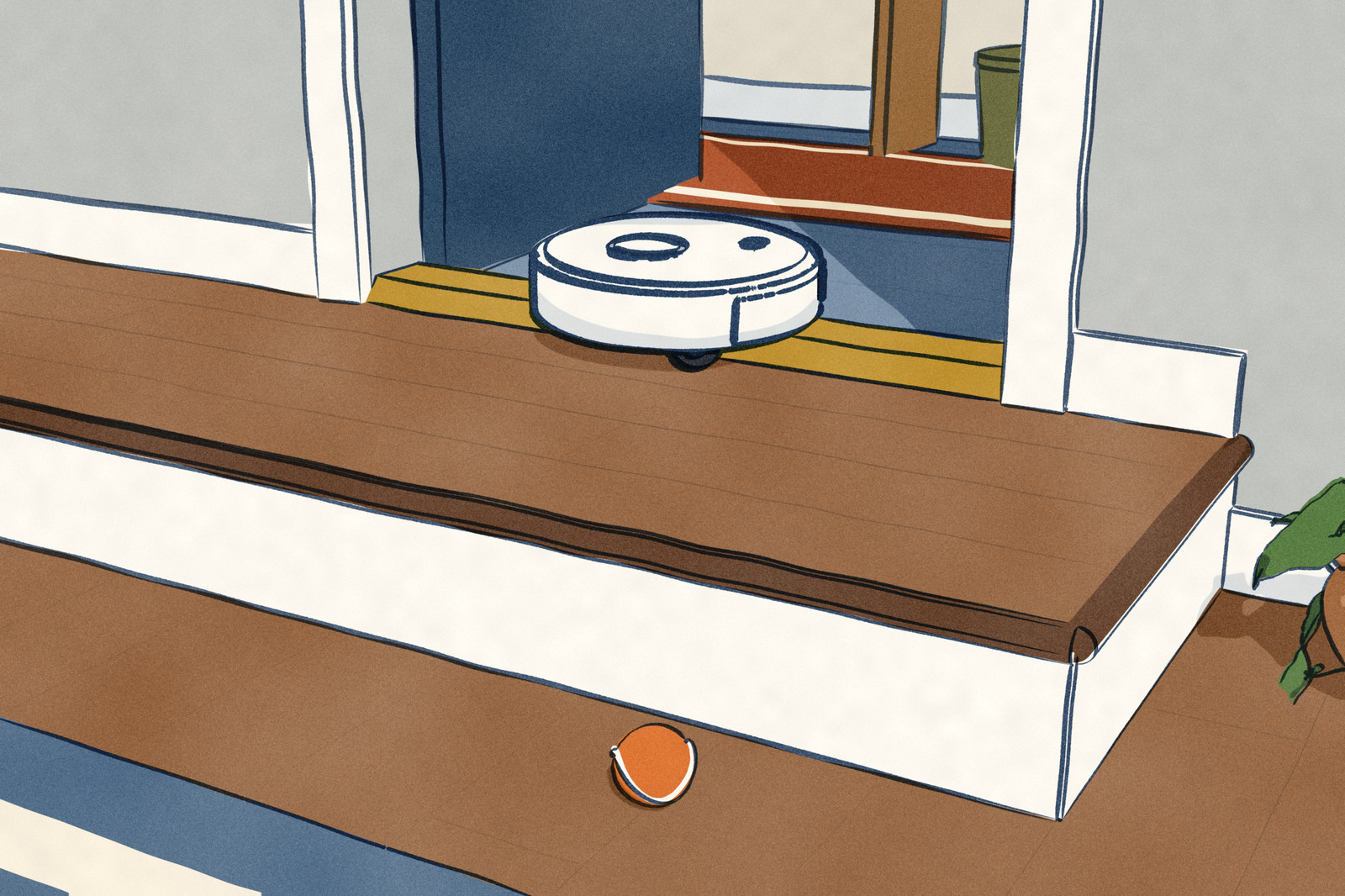 The Freo 20 Edge, a white robot vacuum, sits hung up on a raised door threshold between a hall and a sunken den, resting on its underside, a short way back from the floor drop where a single step leads down into the den.