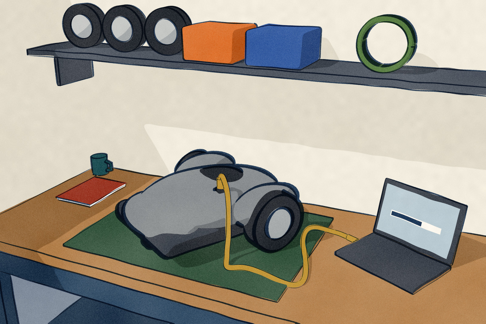 A grey Husqvarna Automower 115H sits on a dealer's workshop bench, a service cable running from a socket on its deck to a laptop showing a progress bar. Behind it, a parts shelf holds spare wheels, bins and a coil of boundary wire.