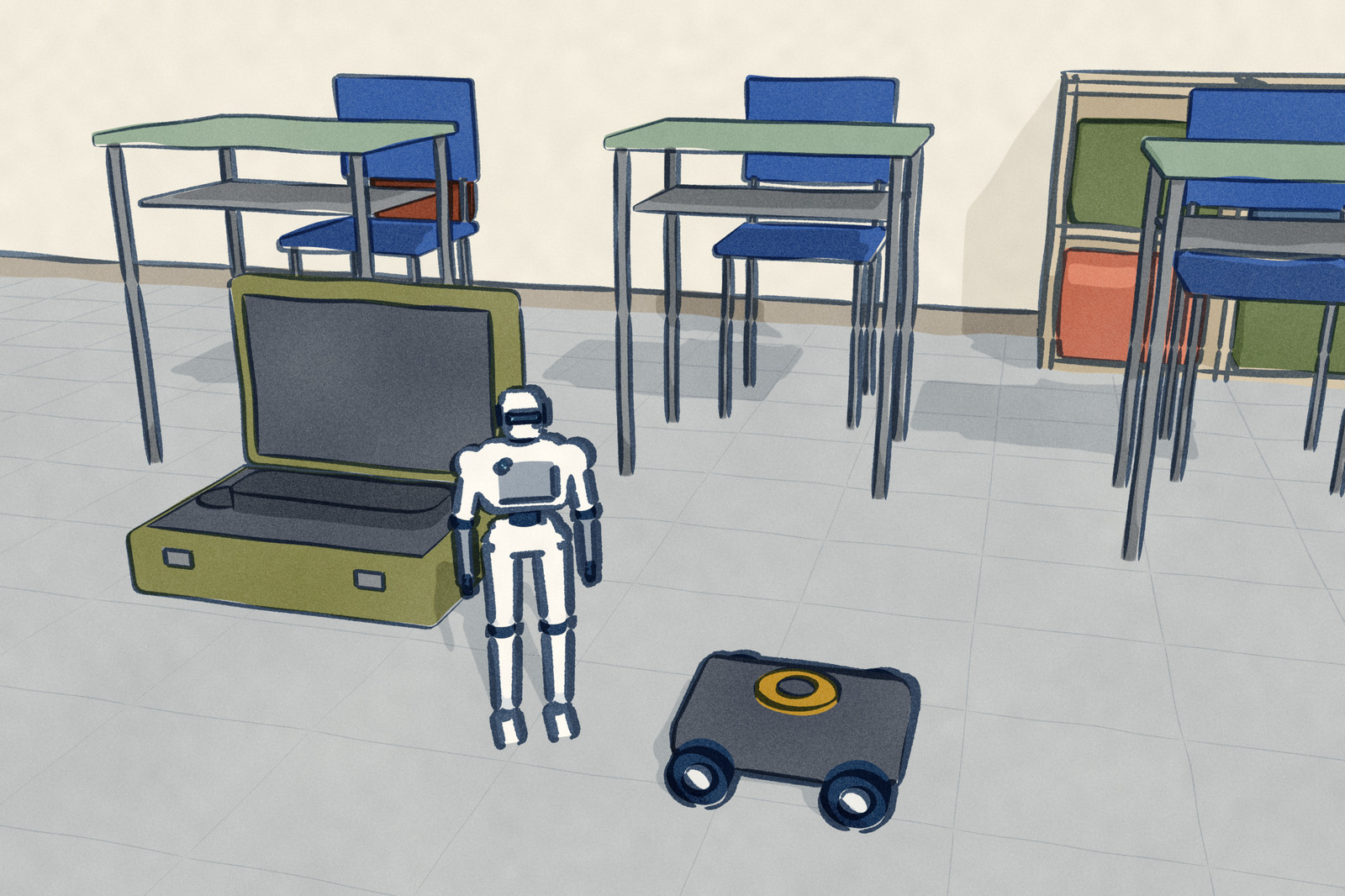 A small humanoid robot, about half a meter tall, stands on its two legs on a classroom floor between student desks. Its detachable wheeled base sits on the floor beside it, and the open hard case it shipped in lies behind.