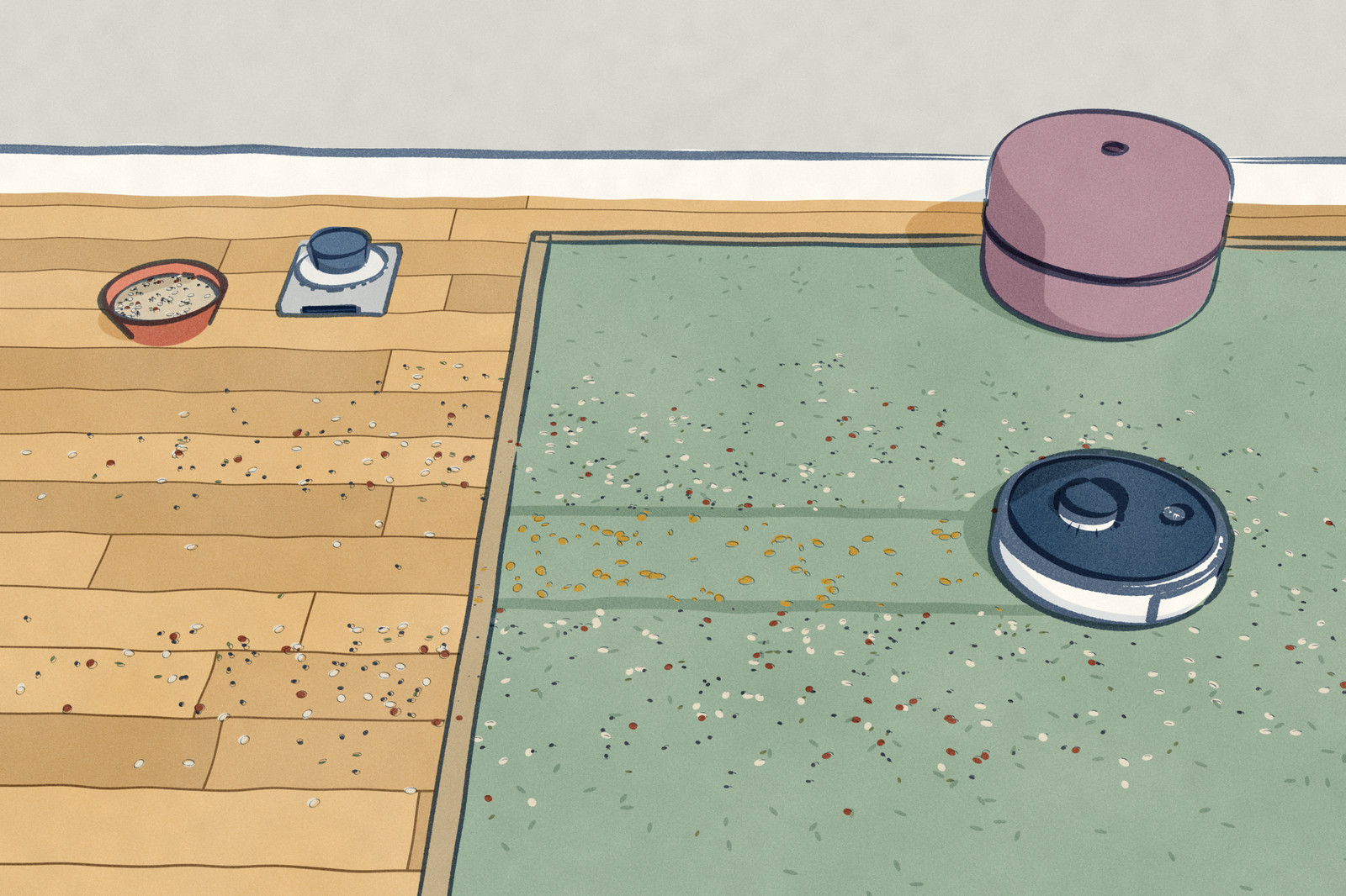 A robot vacuum has made one pass through scattered seeds and oats, off an oak floor onto a mid-pile rug. Its lane on the hardwood is swept clean; its track on the carpet still holds most of the seeds in the fibers.