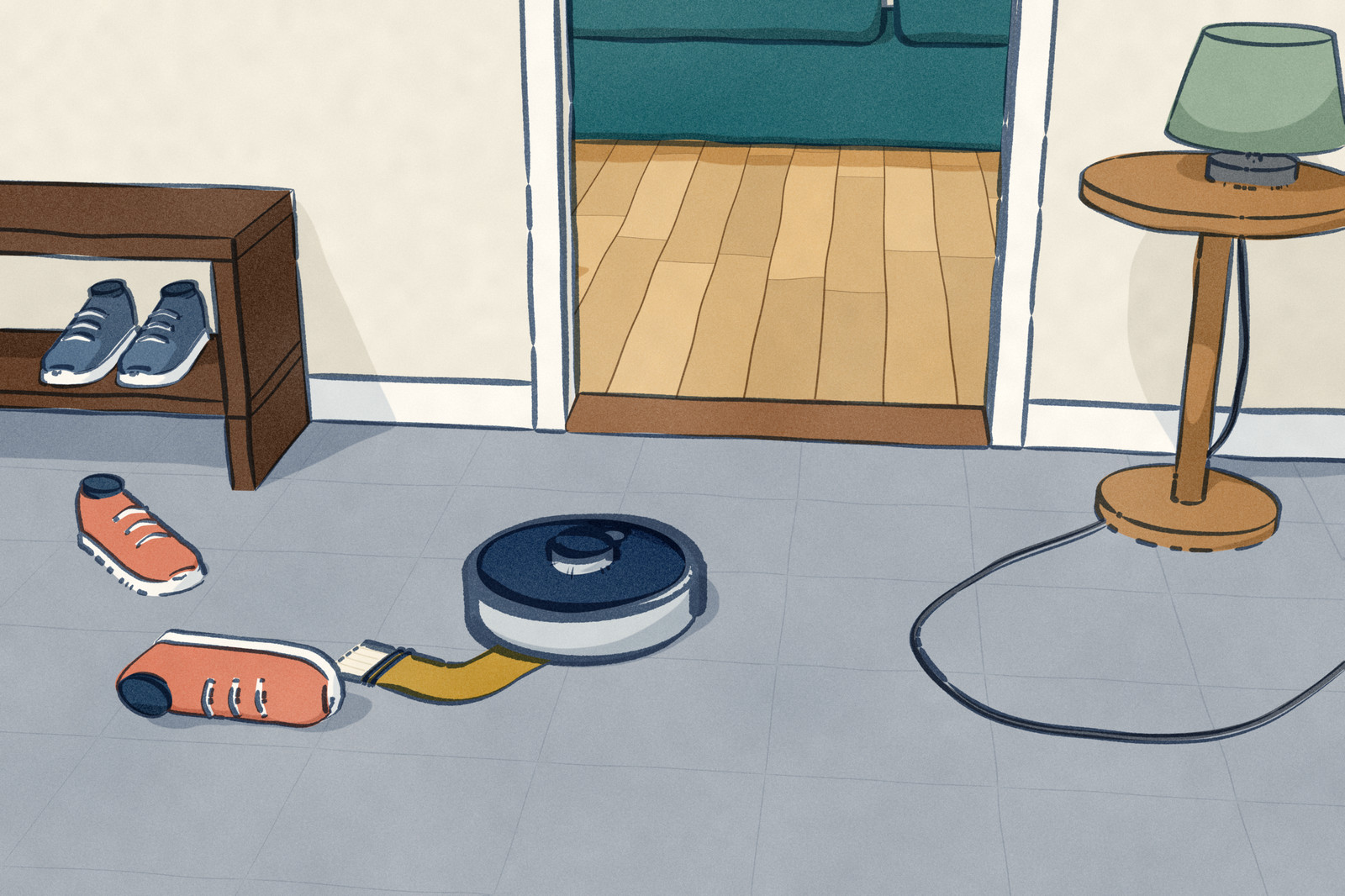 A robot vacuum stopped in a front hall with a sock dragged under it. Behind it lie knocked-over sneakers by a shoe bench; ahead is the raised wooden threshold of a doorway, and to its right a lamp cord loops across the floor.