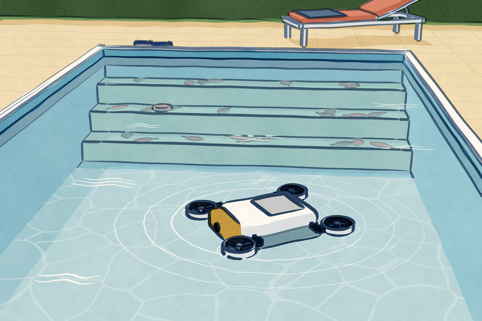 Looking down a backyard pool from the deck at its shallow end: a pool robot has risen to the surface in open water on its four thrusters, its laser rangefinder turned toward the entry steps in the foreground, where sunk leaves still lie on every tread.