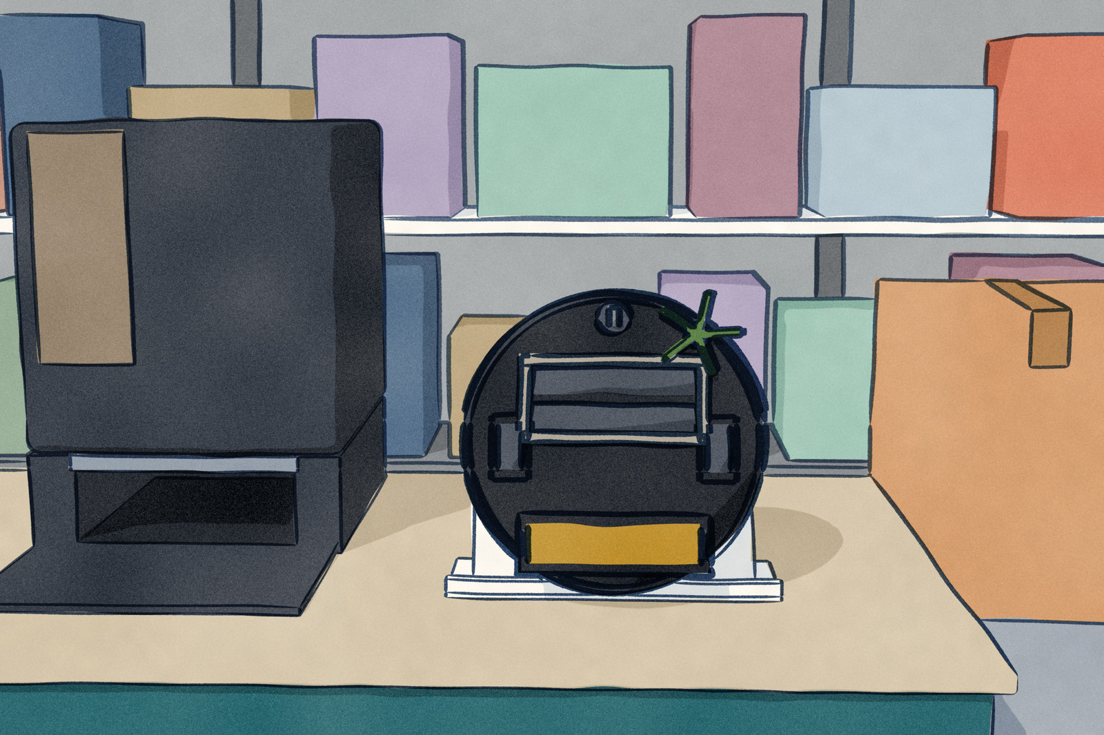 On a store display plinth, a black Roomba Max 875 Combo leans back on a stand beside its tall black AutoWash dock, its underside turned out to show the SealForce skirt round the cleaning head and the roller mop across the rear. Sealed cartons wait beside it.