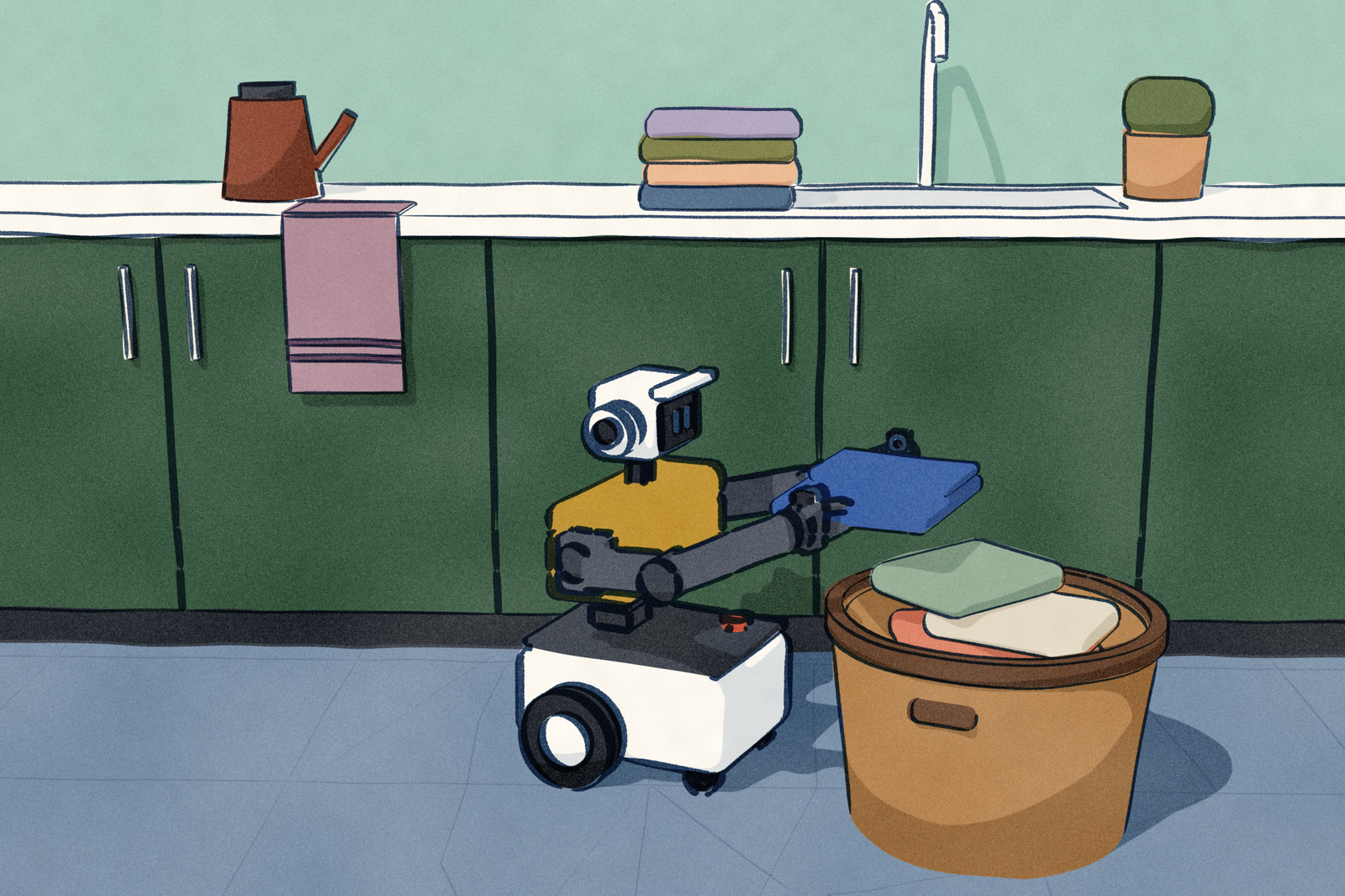 In a kitchen the wheeled Nori A3 has lowered its torso on its column until it sits below the counter, and lifts a shirt out of a laundry basket on the floor; on the counter behind it is a stack of laundry it has already folded. Labels name the torso, the wheeled base and the counter.