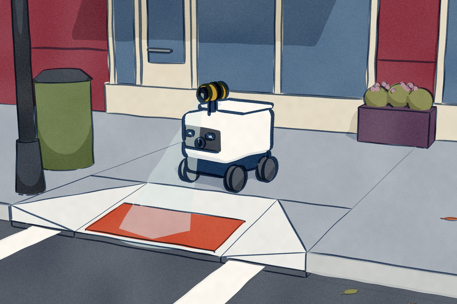 A sidewalk delivery robot pauses at the top of a curb ramp on a city street corner, its sensor head and the camera in its face pointed at the curb and the crosswalk ahead. The LiDAR sensor, the camera and the curb are labelled.
