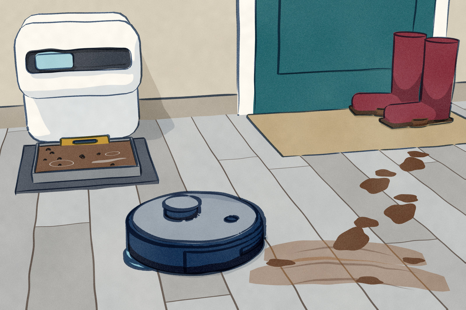 A robot vacuum-mop has just left its white wash dock by a back door. The dock's wash tray still holds brown water from the pads, with a water sensor on its back wall, and the robot is driving back to a muddy patch of floor by the back door, where a pair of boots stands on the mat.