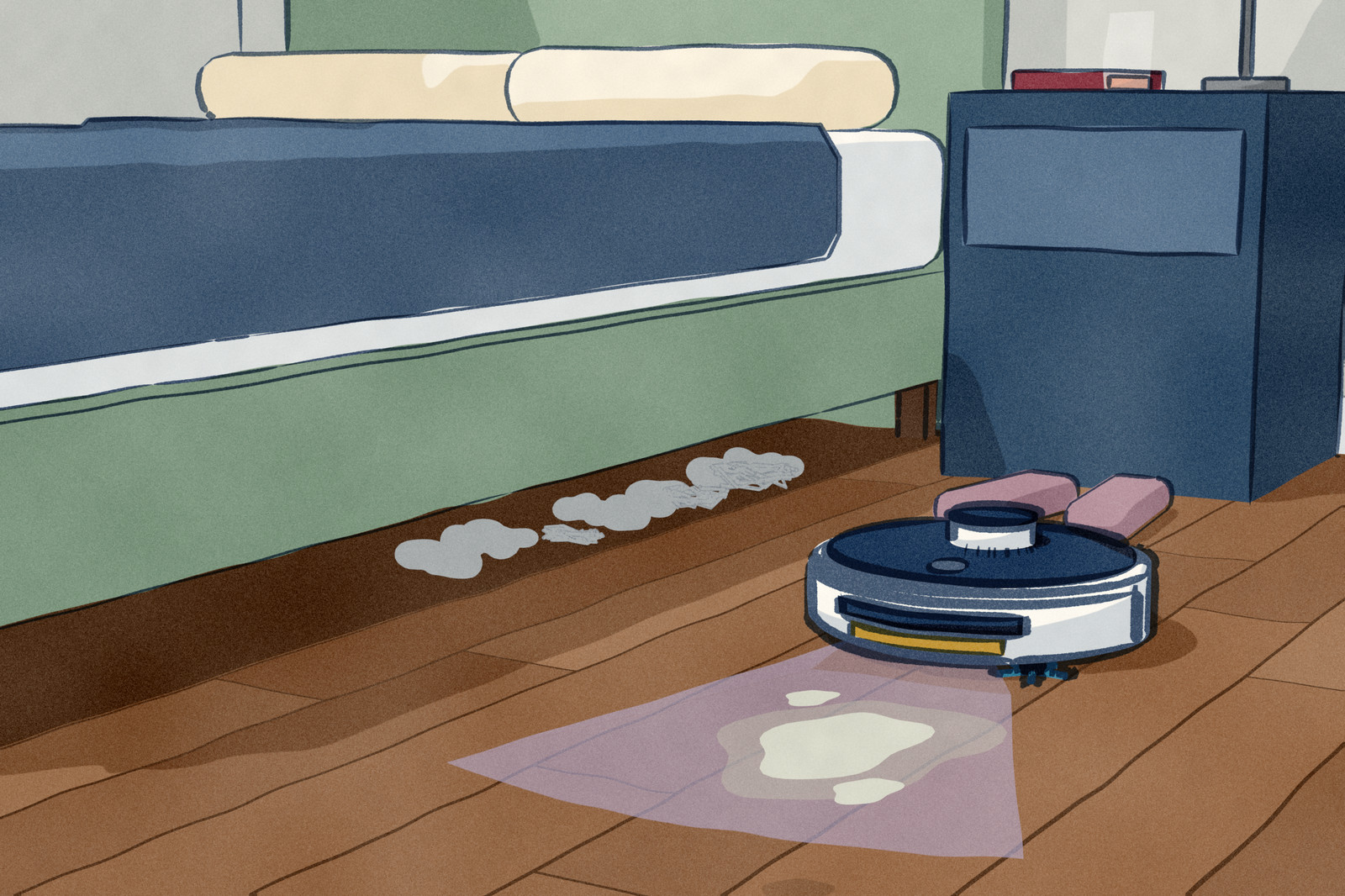 A robot vacuum drives along the side of a bed on a walnut floor. A UV lamp on its front lights a violet patch just ahead, where a dried juice spill glows. Beside its track, in the low gap under the bed, lies a drift of dust.