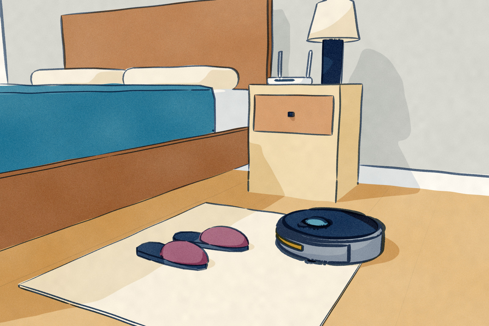 A grey robot vacuum stands at a bedside, its front-facing camera turned toward a pair of slippers on a small rug and a mapping camera looking up from its lid, while a WiFi router sits on the nightstand beside the bed.