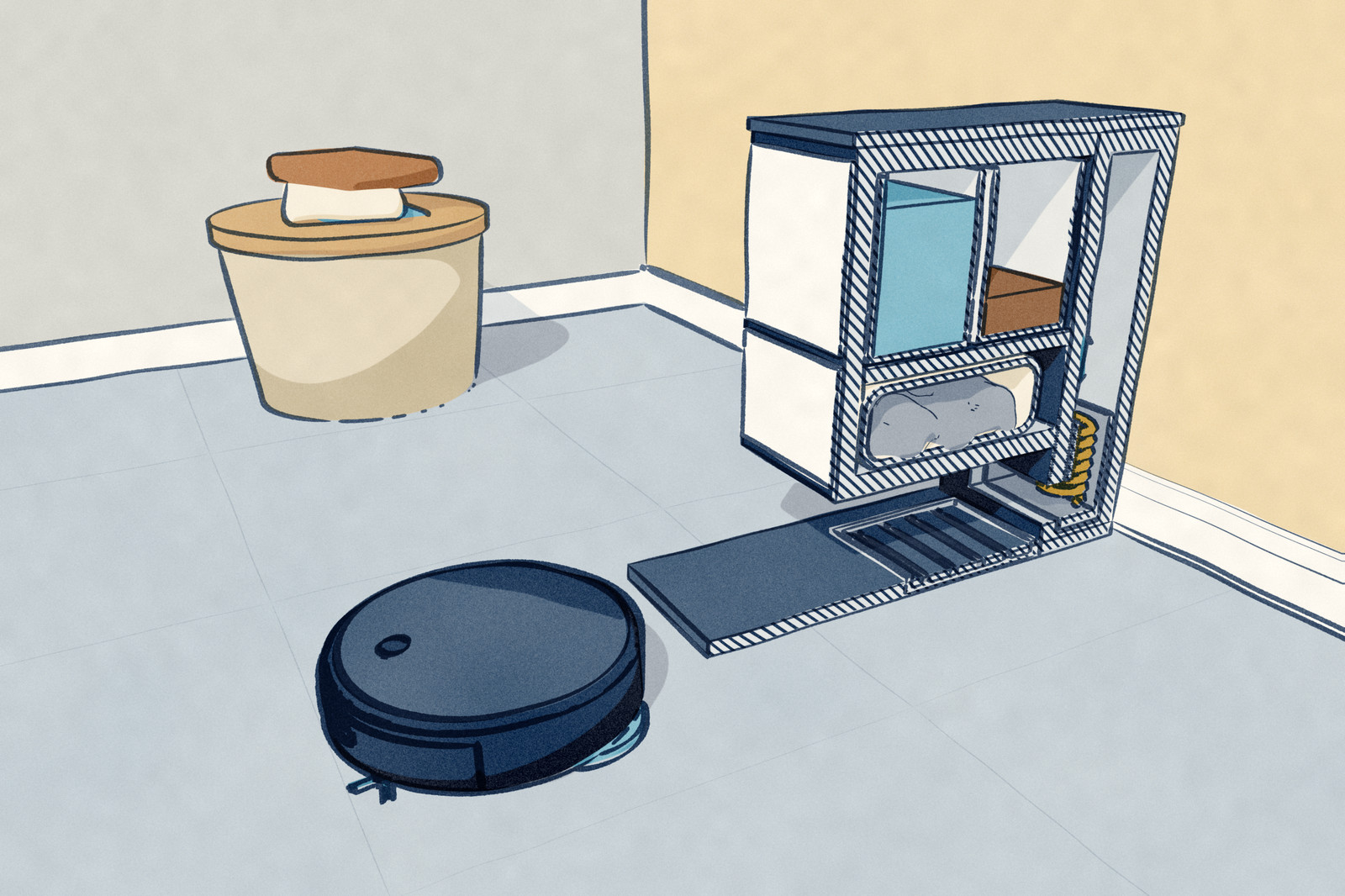 A robot vacuum rolling off its tall dock in a utility room. The dock is drawn with its near half cut away, showing the dust bag, the clean and dirty water tanks, the tray that washes the mops, and the hot-air dryer with its heating coil.