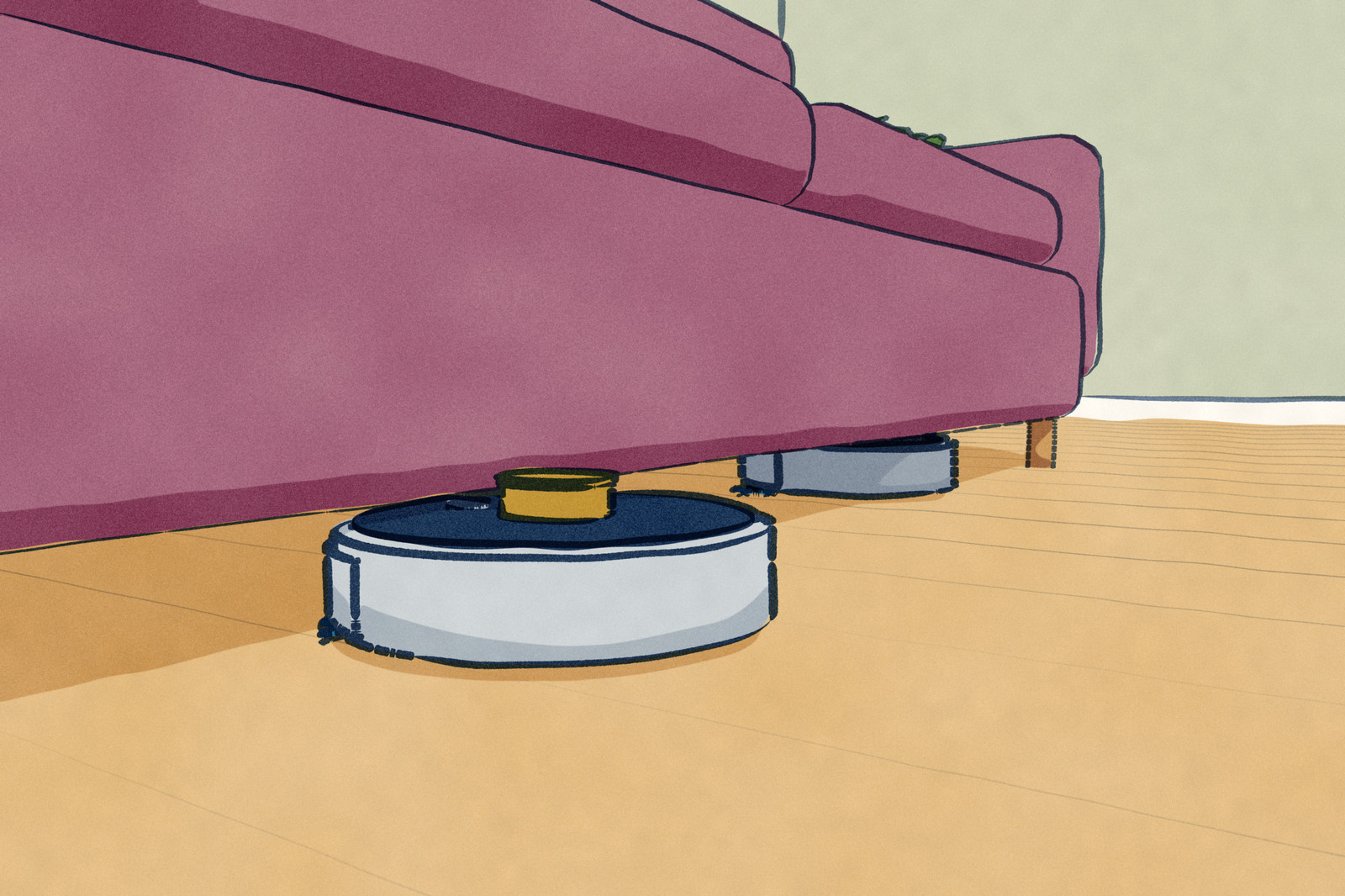 Two robot vacuums at a low sofa, seen from its end at floor level. A camera-only robot has gone under the sofa; a LiDAR robot beside it has stopped with its turret against the sofa frame.