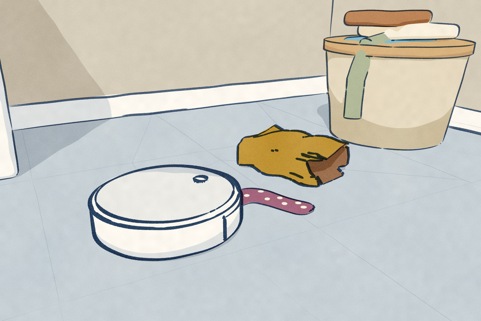 In a laundry room a robot vacuum has stopped just short of a crumpled paper bag on the tiles, while a spotted sock has been drawn in under its front edge, heel and toe still on the floor. A washer and a laundry basket stand behind.