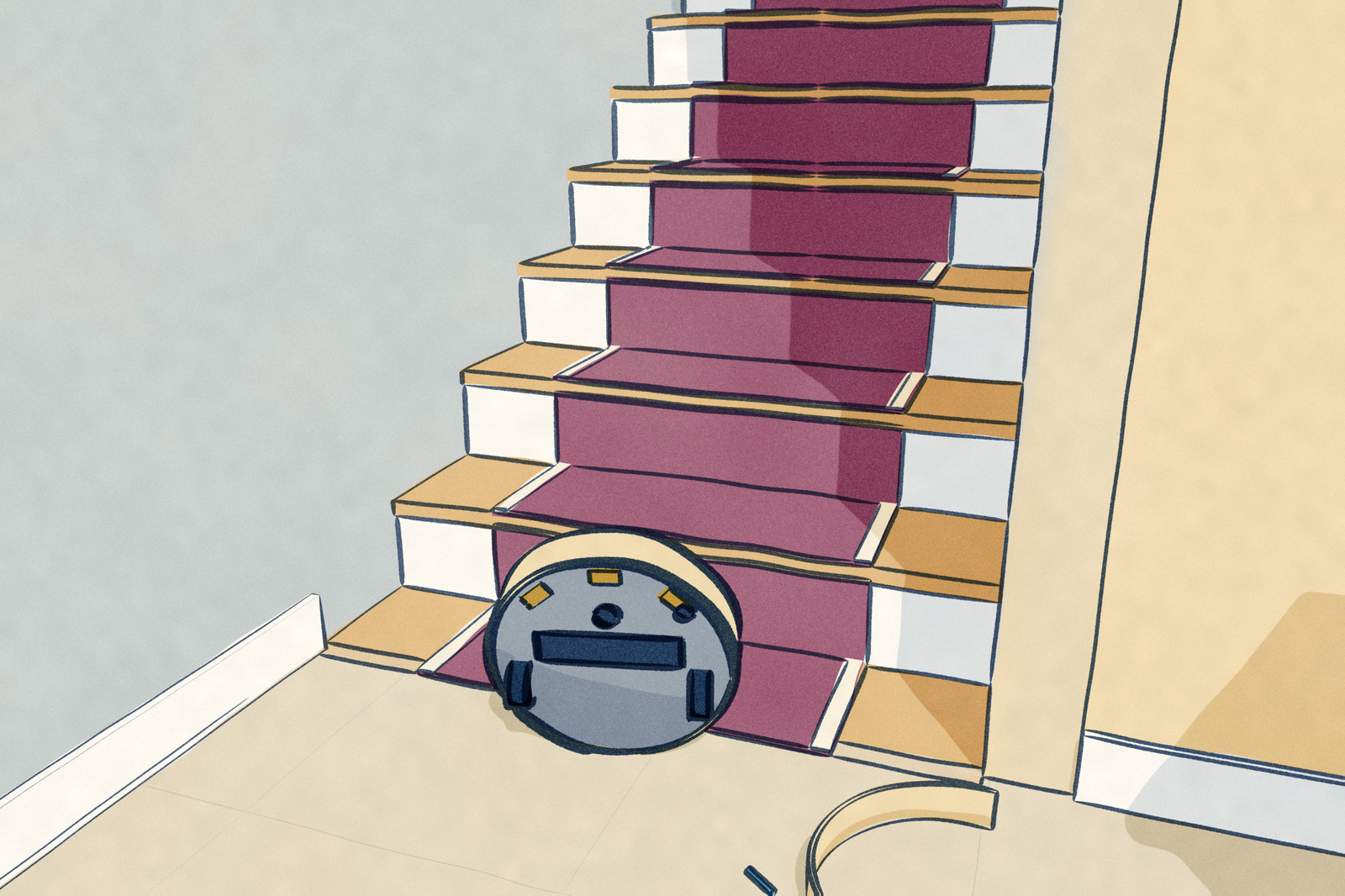 At the foot of a staircase a robot vacuum lies on its side against the bottom step, its underside turned outward showing the cliff sensor windows at its front edge; its bumper has come off and lies on the hall floor.