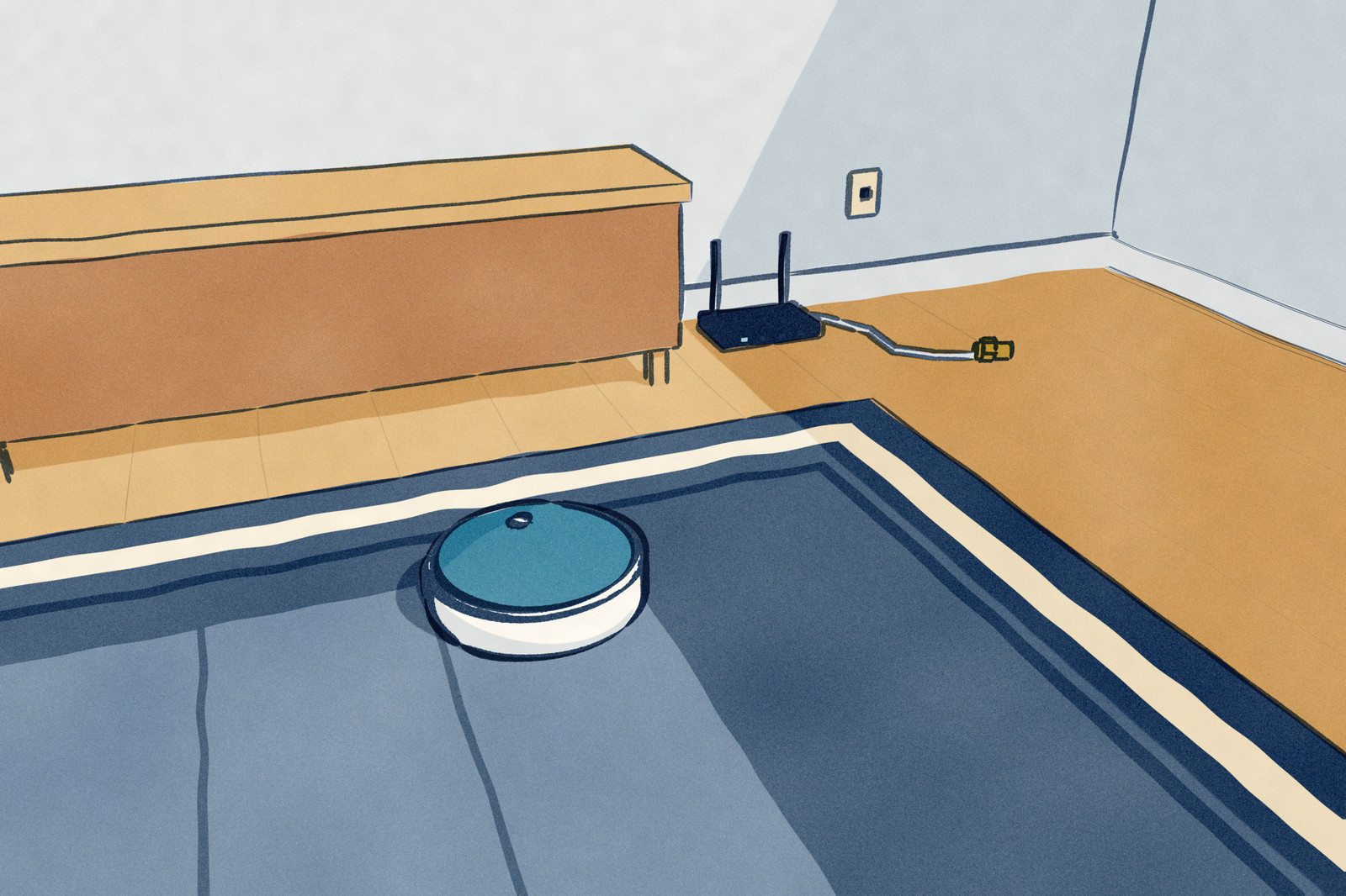 A living room with the internet down: the router on a low media console has its lights out and its cable hangs unplugged, the connector on the floor below the wall outlet. On the rug, the robot vacuum carries on cleaning, lighter fresh lanes behind it.