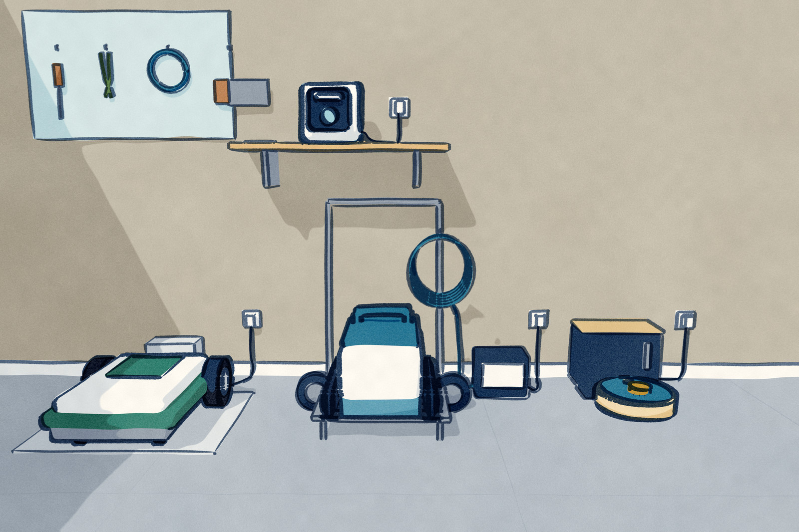 A garage wall where four robots are parked, each on its own charger: a robot mower on its charging plate, a pool robot on its caddy beside its power supply, a window cleaner on a shelf, and a vacuum on its dock, each cable to its own socket.