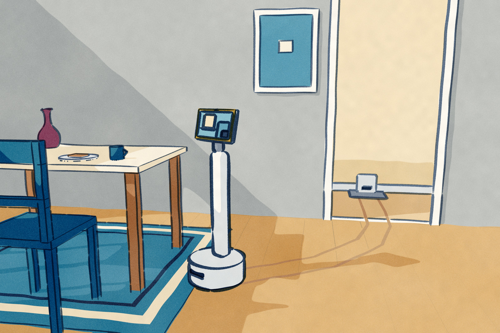 At breakfast, a temi telepresence robot, a slim white column on a wheeled base with a tablet display on top, has driven from its dock in the hall and stopped at the end of the kitchen table, its display showing a call.