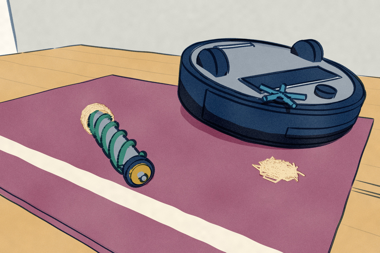 A navy robot vacuum lies upside down on a towel on a kitchen table, tipped a little, its brush bay empty. In front of it lies its rubber roll: the fins are clean along the middle, dog hair is still packed round one axle end, and the other end-cap bearing has been cleared.